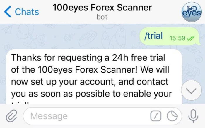 After starting your conversation with the forex scanner, use /trial